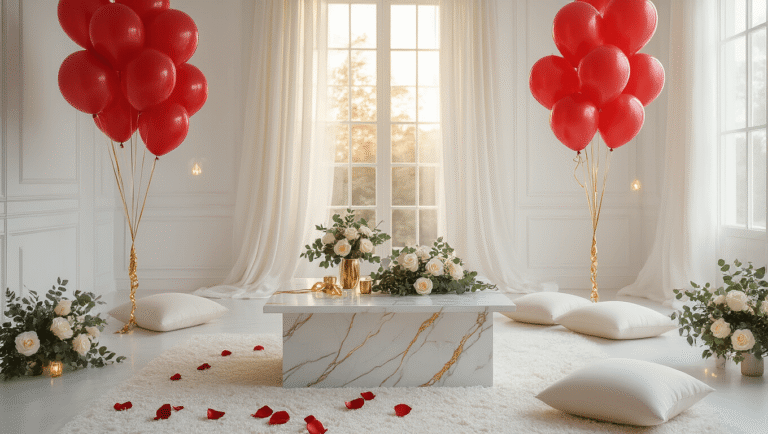 The Red Balloons Aesthetic: A Bold and Playful Visual Trend Cinematic wide-angle shot of an elegant interior with vibrant crimson red balloons against a white backdrop, featuring a luxurious marble coffee table, white silk drapes, ivory roses, and ambient fairy lights, evoking celebration and romance.