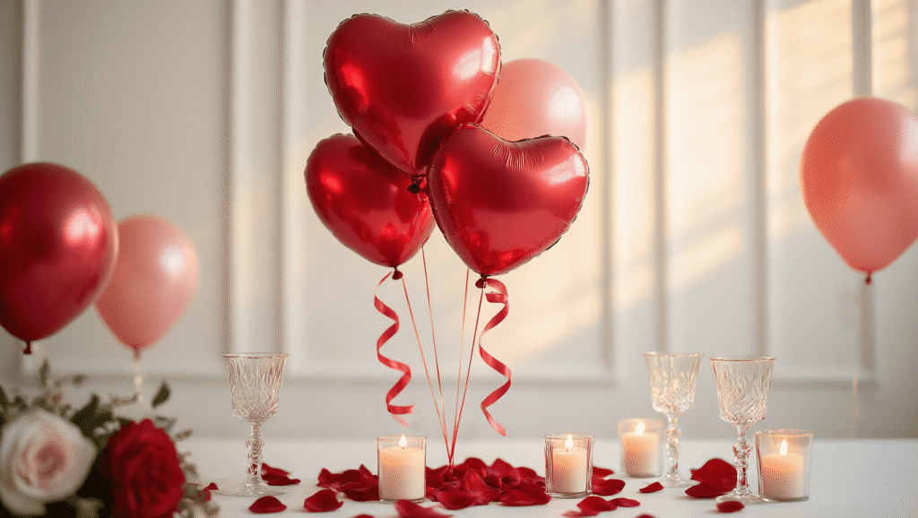 Red Heart Balloons: The Ultimate Guide to Romantic Event Styling Cinematic close-up of glossy red heart-shaped balloons with silk ribbon tails against a clean white background, adorned with rose petals and flickering candles, featuring a dreamy bokeh effect and rich crimson and blush pink hues, evoking a romantic atmosphere.