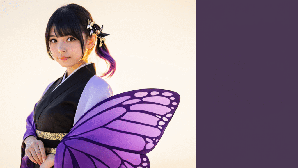 Creating the Perfect Shinobu Cosplay: My Complete Guide to Nailing This Iconic Look A young woman in Shinobu cosplay poses in a flowing purple-to-white gradient haori adorned with butterfly patterns, styled with a black-to-purple ombre ponytail and metallic butterfly hair clips, illuminated by warm golden hour light against a minimalist white background.
