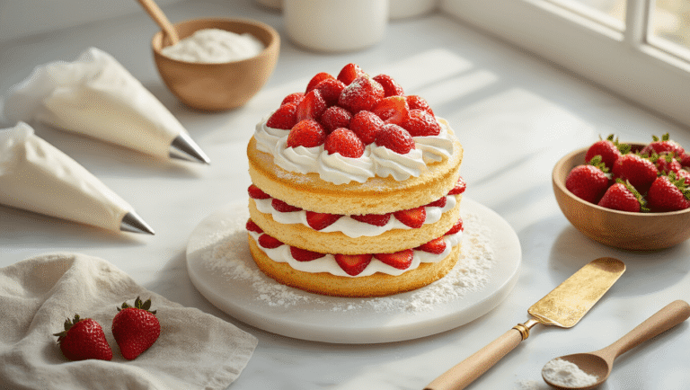 Strawberry Shortcake Layer Cake: The Ultimate Summer Dessert Cinematic overhead shot of a multi-layer strawberry shortcake with whipped cream and macerated strawberries on a marble countertop, featuring golden sponge layers and an artistic arrangement of baking tools and ingredients.