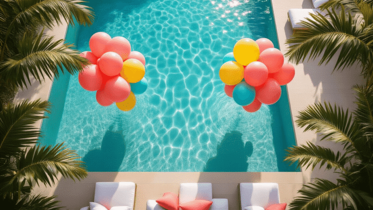 Stunning Pool Balloon Decor: The Ultimate Guide to Magical Poolside Styling Aerial view of a turquoise pool with colorful balloon clusters, luxurious lounge furniture, and tropical plants, illuminated by golden hour sunlight.