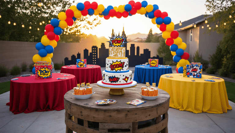 Throw an Unforgettable 10th Birthday Bash: The Ultimate Party Guide A vibrant superhero-themed birthday party setup in a modern backyard featuring colorful tables, comic book centerpieces, a three-tier superhero cake, balloon garlands, string lights, and children's costumes, all illuminated by warm golden sunlight.