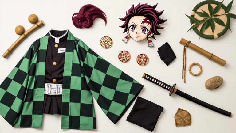Master Your Demon Slayer Cosplay: Easy Tips for Anime Fashion Success Flat lay of Tanjiro's green and black checkered haori jacket, hanafuda earrings, bamboo muzzle, foam katana, black uniform pieces, and burgundy wig on a clean white background, illuminated by soft natural light, showcasing vibrant colors and textures.