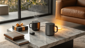 Best Boyfriend Gift Ideas in 2025: Ultimate Guide to Winning His Heart Cinematic wide-angle shot of a modern living room showcasing tech gifts on a marble coffee table, including a self-heating smart mug, mini projector, and wireless gadgets, all illuminated by soft morning light; minimalist decor with leather furniture, metallic gift boxes, and cozy accents.