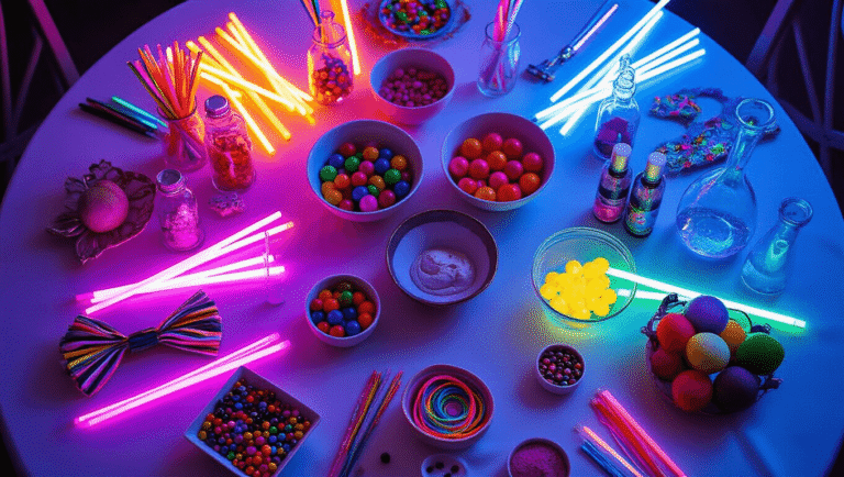 10 Unforgettable Birthday Party Ideas for Your Tween Girl in 2025 Cinematic overhead shot of a round dining table decorated for a tween birthday party, featuring themed sections for glow sticks, spa supplies, friendship bracelets, and science experiments, all set against a backdrop of elegant decor including a three-tier cake, flowers, candles, and warm lighting.
