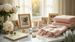 Ultimate Gift Guide: Thoughtful Presents Your Mom Will Absolutely Love Cinematic flat lay of an elegant boutique interior featuring a curated collection of personalized mom gifts including custom photo frames, engraved gold jewelry, and monogrammed silk blankets, arranged on white marble surfaces with soft morning light and fresh floral accents.