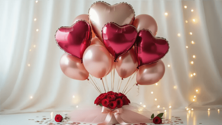 Crafting the Perfect Valentine's Balloon Bouquet: A Romantic DIY Guide Cinematic close-up of an elegant Valentine's balloon bouquet with heart-shaped balloons in red, pink, and rose gold, surrounded by fresh roses and fairy lights on a white backdrop.