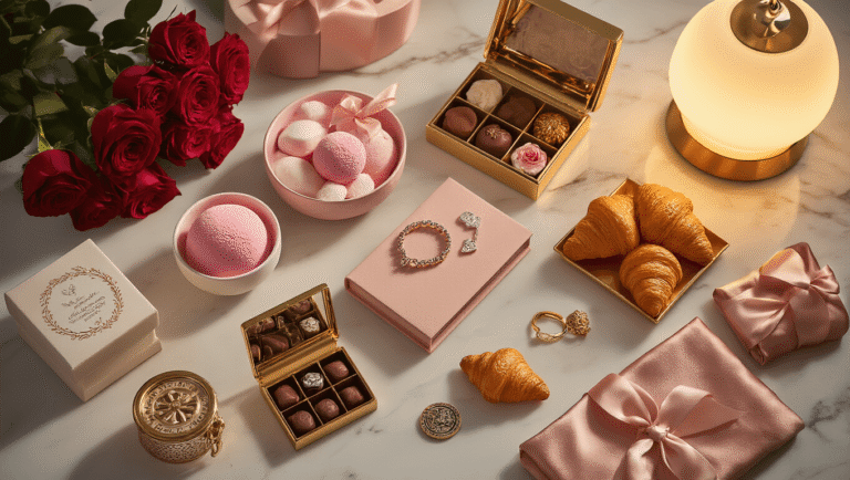 Valentine's Day Gift Guide: Unforgettable Presents for Every Relationship in 2025 Cinematic overhead view of an elegant marble surface showcasing luxurious Valentine's gifts, including blush pink bath bombs, personalized photo books, engraved jewelry, gourmet chocolate boxes, scented candles, a croissant-shaped lamp, embroidery kits, professional bartender tools, an essential oil diffuser, and silk pajama sets, adorned with fresh red roses and scattered petals, all in a warm terracotta and sage palette.