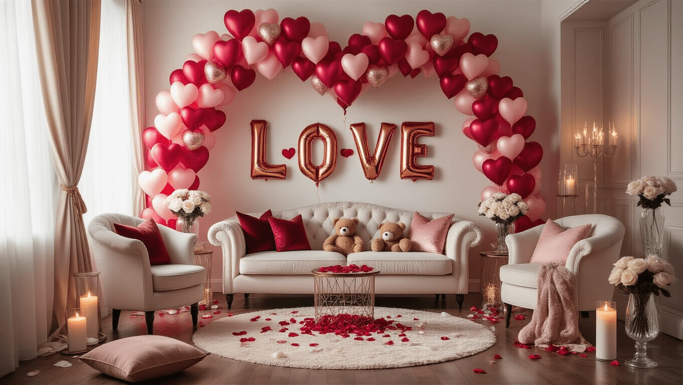 Cinematic wide-angle shot of a romantic Valentine's Day living room adorned with heart-shaped red and pink balloons, plush cream velvet furniture, scattered rose petals, L-O-V-E letter balloons, a cozy teddy bear, white roses in crystal vases, and warm candlelight, all bathed in soft golden hour lighting.