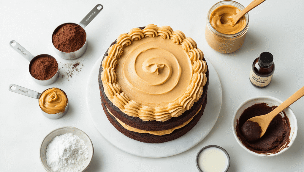 Vegan Peanut Butter Chocolate Birthday Cake: The Ultimate Plant-Based Celebration Dessert Cinematic overhead view of a two-layer vegan chocolate peanut butter cake on a marble countertop, showcasing rich chocolate layers and creamy peanut butter frosting, surrounded by key baking ingredients with warm golden hour lighting, creating an inviting atmosphere.