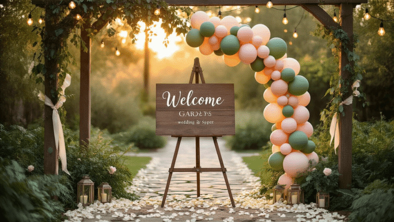 Welcome Sign with Balloons: The Ultimate Guide to Stunning Event Decor Elegant outdoor wedding entrance with a rustic wooden welcome sign on a brass easel, decorated with a blush pink, cream, and sage green balloon garland, soft golden hour light, and a stone pathway lined with ivory rose petals.