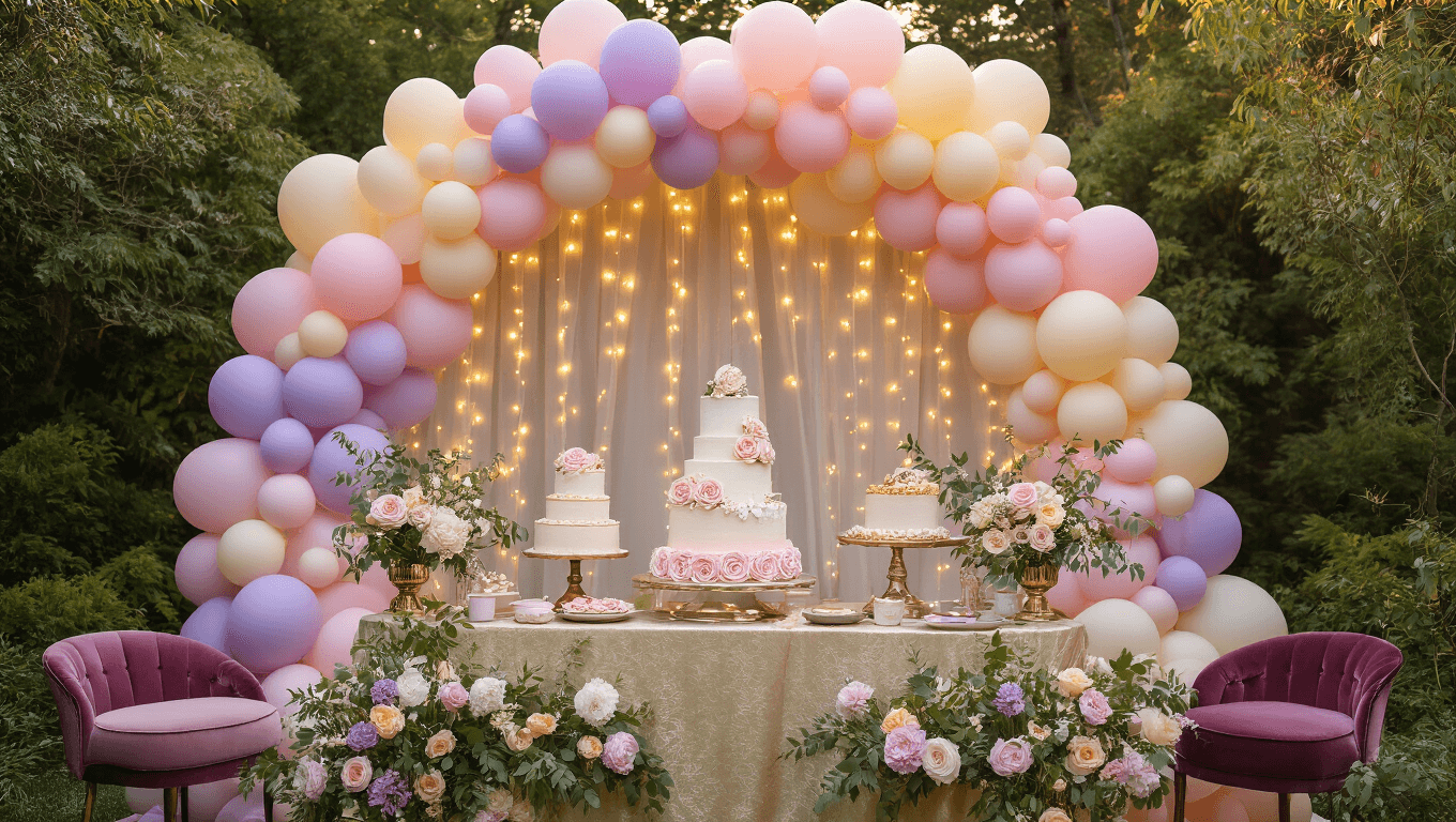 Whimsical garden birthday party setup during golden hour with pastel balloon arch, silk-draped dessert table, ornate birthday cakes, floral arrangements, fairy lights, and cozy seating, evoking a luxurious and celebratory atmosphere.