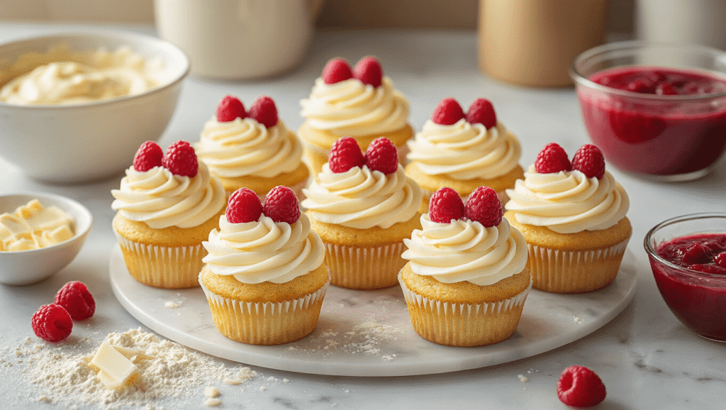 White Chocolate Raspberry Cupcakes: A Decadent Delight Aerial view of white chocolate raspberry cupcakes with swirled buttercream, garnished with raspberries and white chocolate shavings, on a marble countertop, surrounded by vintage mixing bowls and raspberry compote.