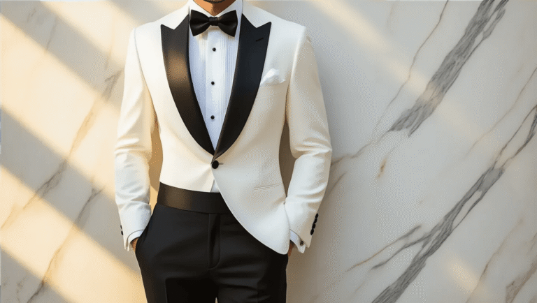 Styling a White Dinner Jacket with Black Trousers: Your Complete Guide to Nailing This Timeless Look A stylish flat lay of a white dinner jacket with peak lapels, black tuxedo trousers with satin stripes, and accessories including a black bow tie, white pocket square, and silver cufflinks, set on a marble surface with warm lighting.