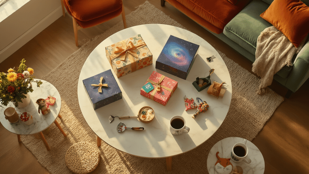 Hilarious White Elephant Gift Ideas That'll Have Everyone Laughing Cinematic overhead view of a cozy living room during a white elephant gift exchange, showcasing a round wooden coffee table with quirky wrapped presents, including trash can desk organizers and pizza cutter saws, surrounded by warm golden hour light, terracotta velvet cushions, and decorative mugs and figurines.