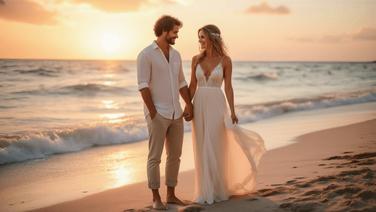 How to Renew Your Wedding Vows: A Real Guide to Celebrating Your Love Again Couple holding hands on a beach during sunset, bride in ivory bohemian dress, groom in white linen shirt, warm pastel colors and vintage film aesthetic.