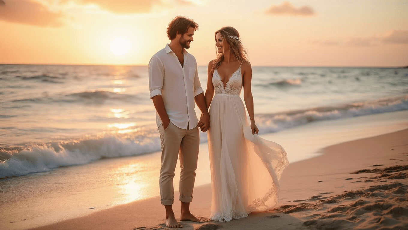 Couple holding hands on a beach during sunset, bride in ivory bohemian dress, groom in white linen shirt, warm pastel colors and vintage film aesthetic.