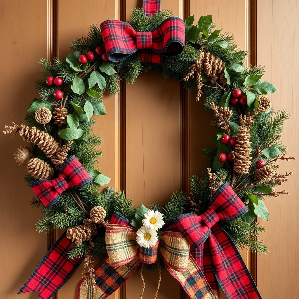 50 Stunning Christmas Wreaths to Decorate Your Home This Holiday Season A Christmas wreath featuring plaid and tartan bows, pinecones, and greenery.
