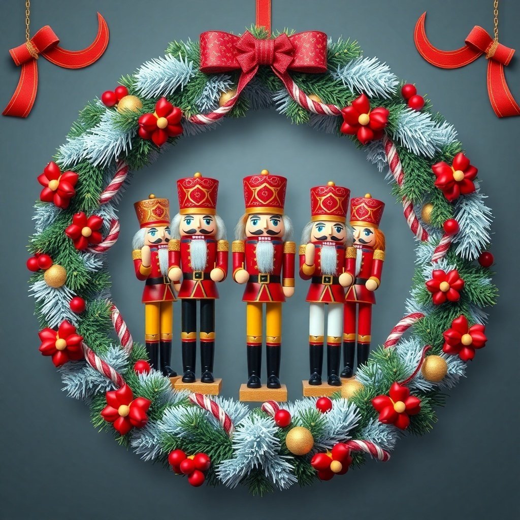 50 Stunning Christmas Wreaths to Decorate Your Home This Holiday Season A Christmas wreath featuring nutcracker figures, red flowers, and festive decorations.