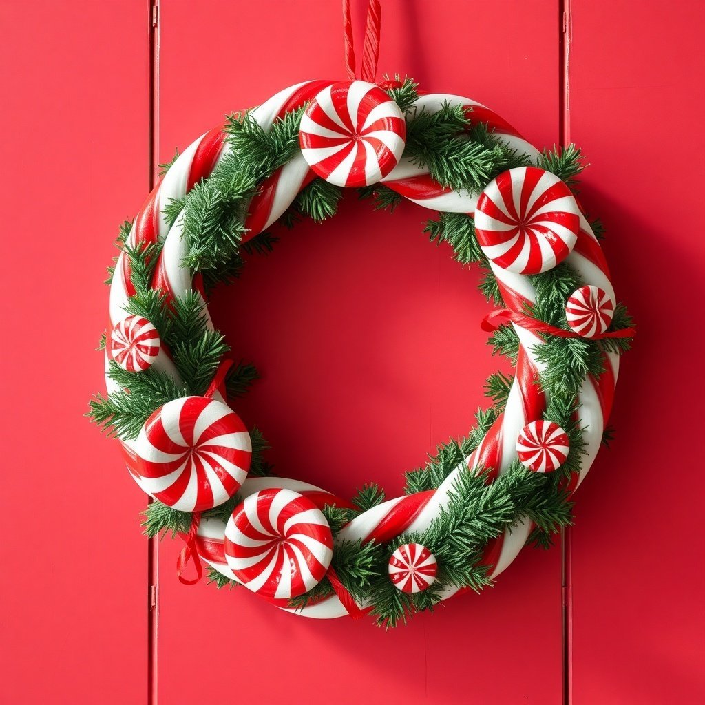 50 Stunning Christmas Wreaths to Decorate Your Home This Holiday Season A candy cane themed wreath with red and white swirls and peppermint candies, set against a red background.