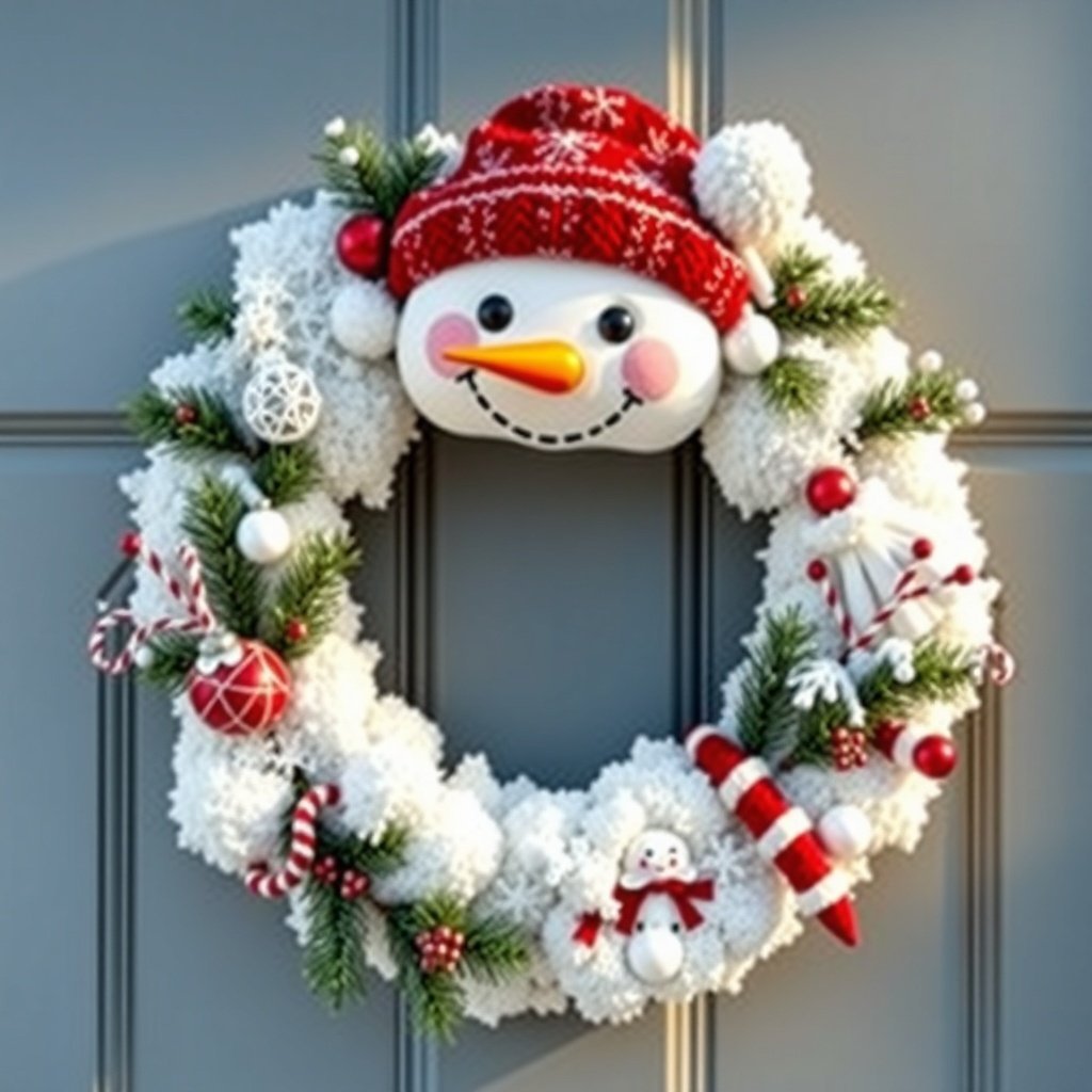 50 Stunning Christmas Wreaths to Decorate Your Home This Holiday Season A snowman-themed Christmas wreath with a smiling snowman face, red hat, and festive decorations.