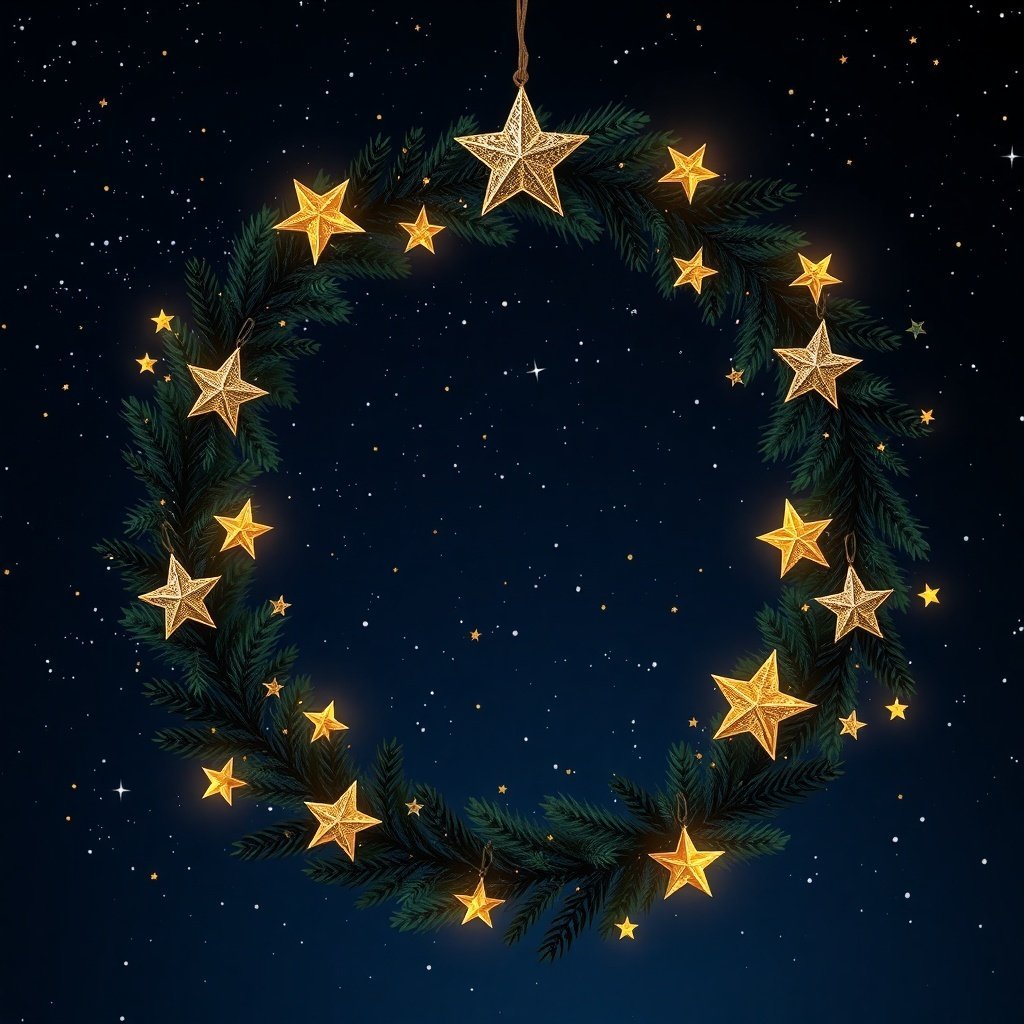 50 Stunning Christmas Wreaths to Decorate Your Home This Holiday Season A Christmas wreath featuring green foliage and golden stars against a starry night background.