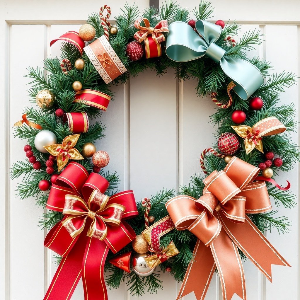 50 Stunning Christmas Wreaths to Decorate Your Home This Holiday Season A festive Christmas wreath adorned with red and gold ribbons, bows, and ornaments.
