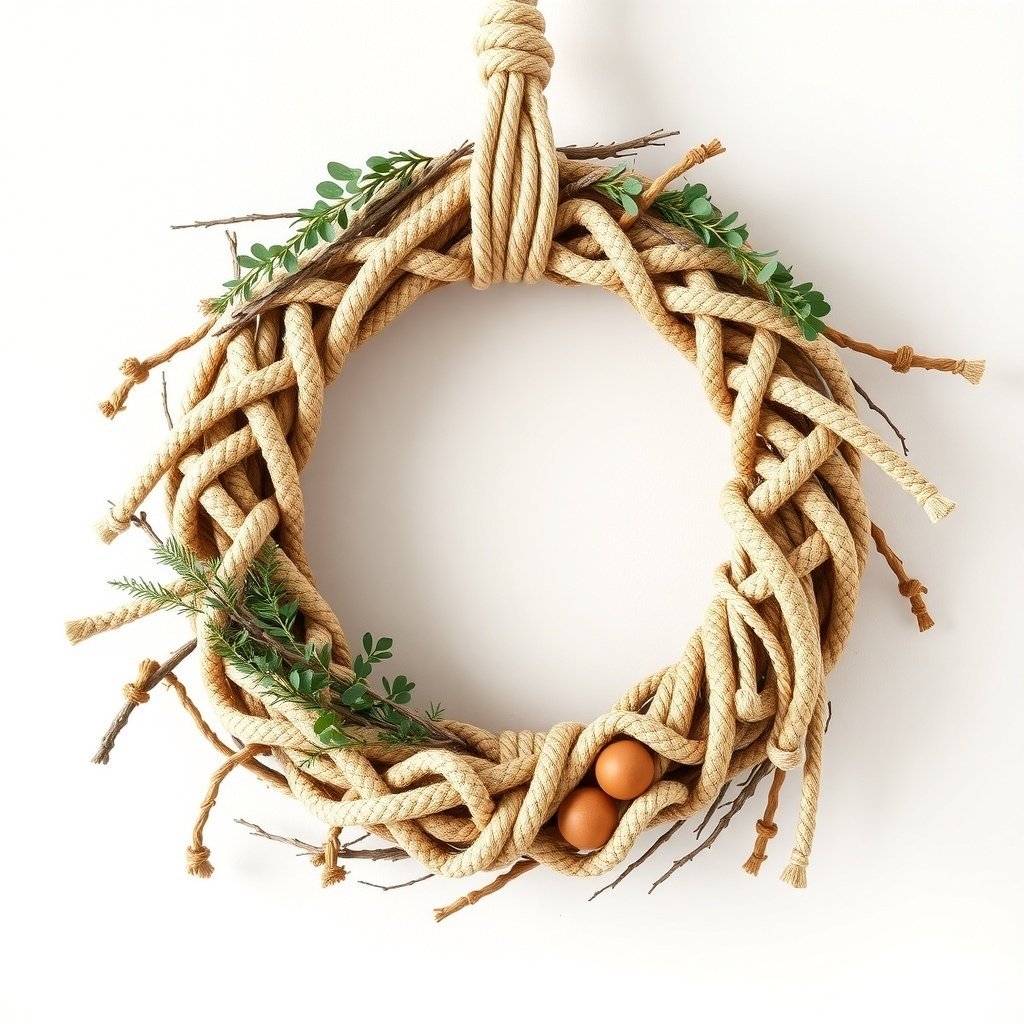 50 Stunning Christmas Wreaths to Decorate Your Home This Holiday Season A handmade macrame wreath made of rope with greenery and decorative eggs.