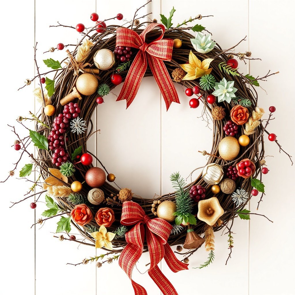 50 Stunning Christmas Wreaths to Decorate Your Home This Holiday Season A beautifully decorated artisan grapevine wreath featuring ornaments, berries, and flowers, with a red bow.