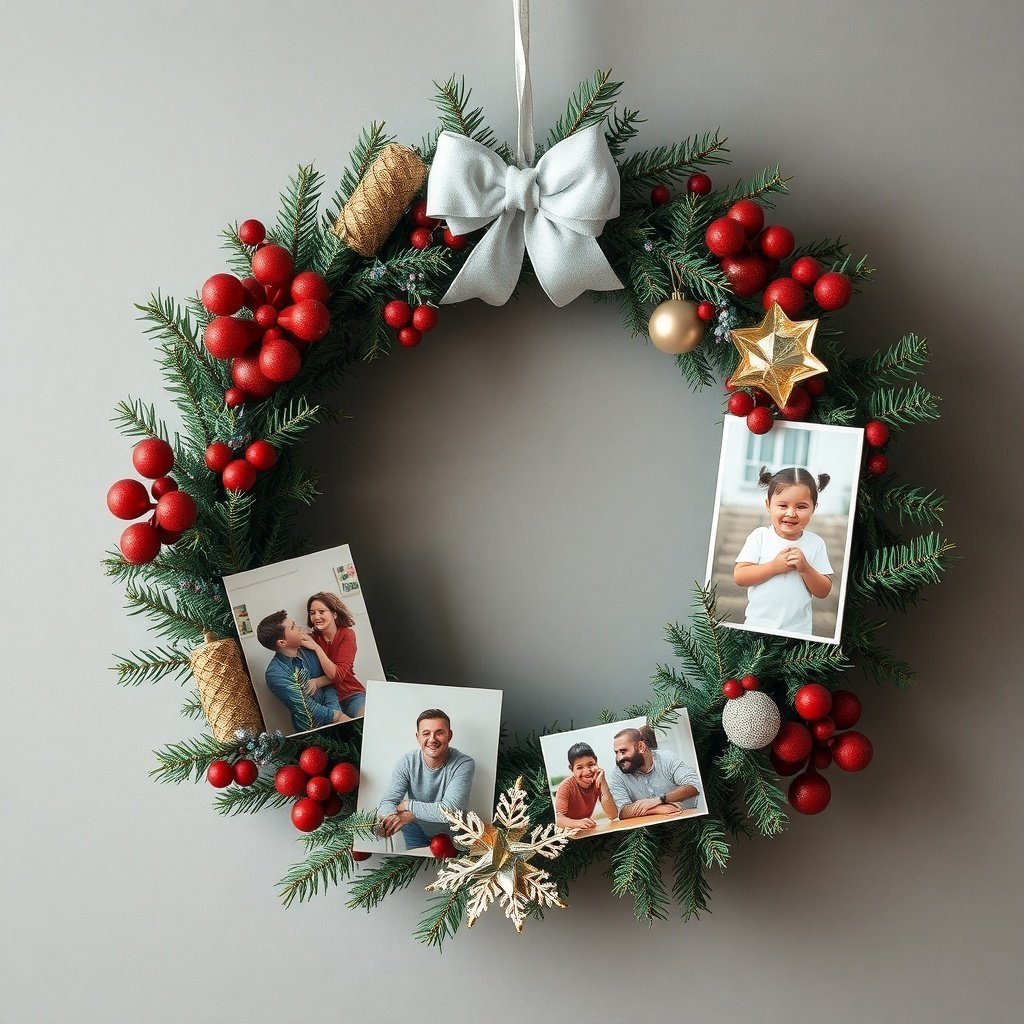 50 Stunning Christmas Wreaths to Decorate Your Home This Holiday Season A Christmas wreath decorated with red berries, gold accents, and family photos.