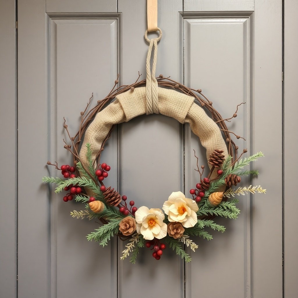 50 Stunning Christmas Wreaths to Decorate Your Home This Holiday Season A farmhouse style Christmas wreath with burlap, flowers, pinecones, and berries, hanging on a door.