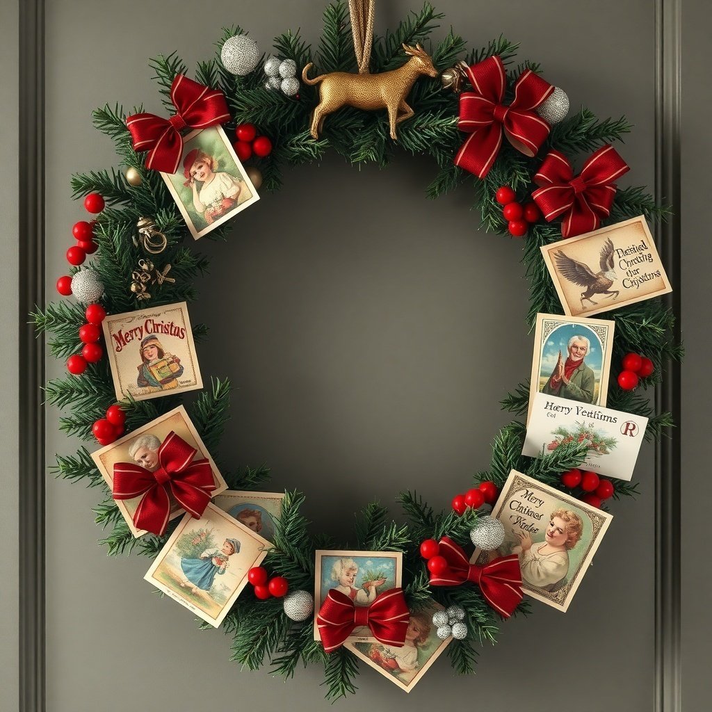 50 Stunning Christmas Wreaths to Decorate Your Home This Holiday Season A Christmas wreath decorated with vintage cards, red bows, and a golden reindeer.