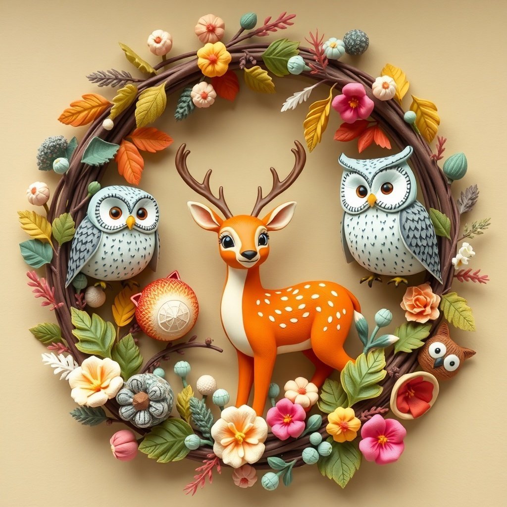 50 Stunning Christmas Wreaths to Decorate Your Home This Holiday Season A colorful Christmas wreath featuring an orange deer and two owls surrounded by flowers and leaves.