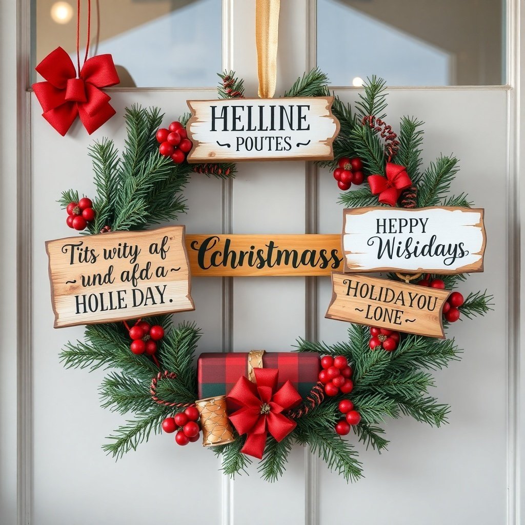 50 Stunning Christmas Wreaths to Decorate Your Home This Holiday Season A Christmas wreath with humorous holiday quotes and festive decorations.