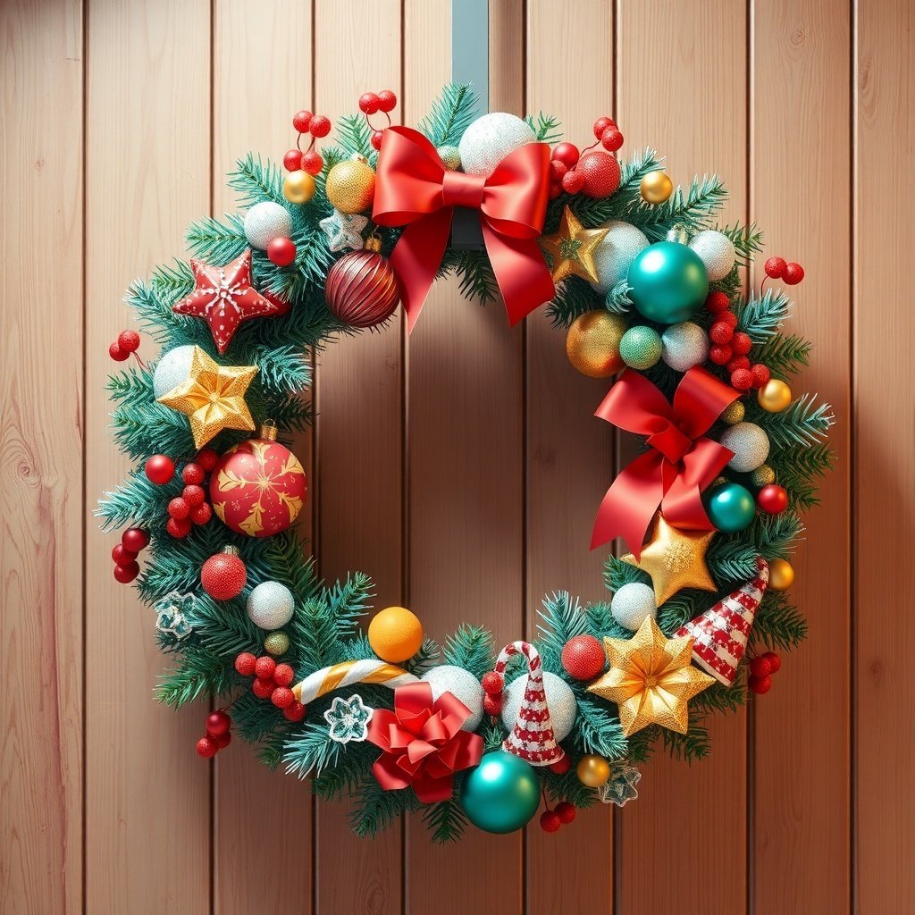 50 Stunning Christmas Wreaths to Decorate Your Home This Holiday Season A colorful Christmas wreath decorated with ornaments, bows, and festive elements against a wooden background.