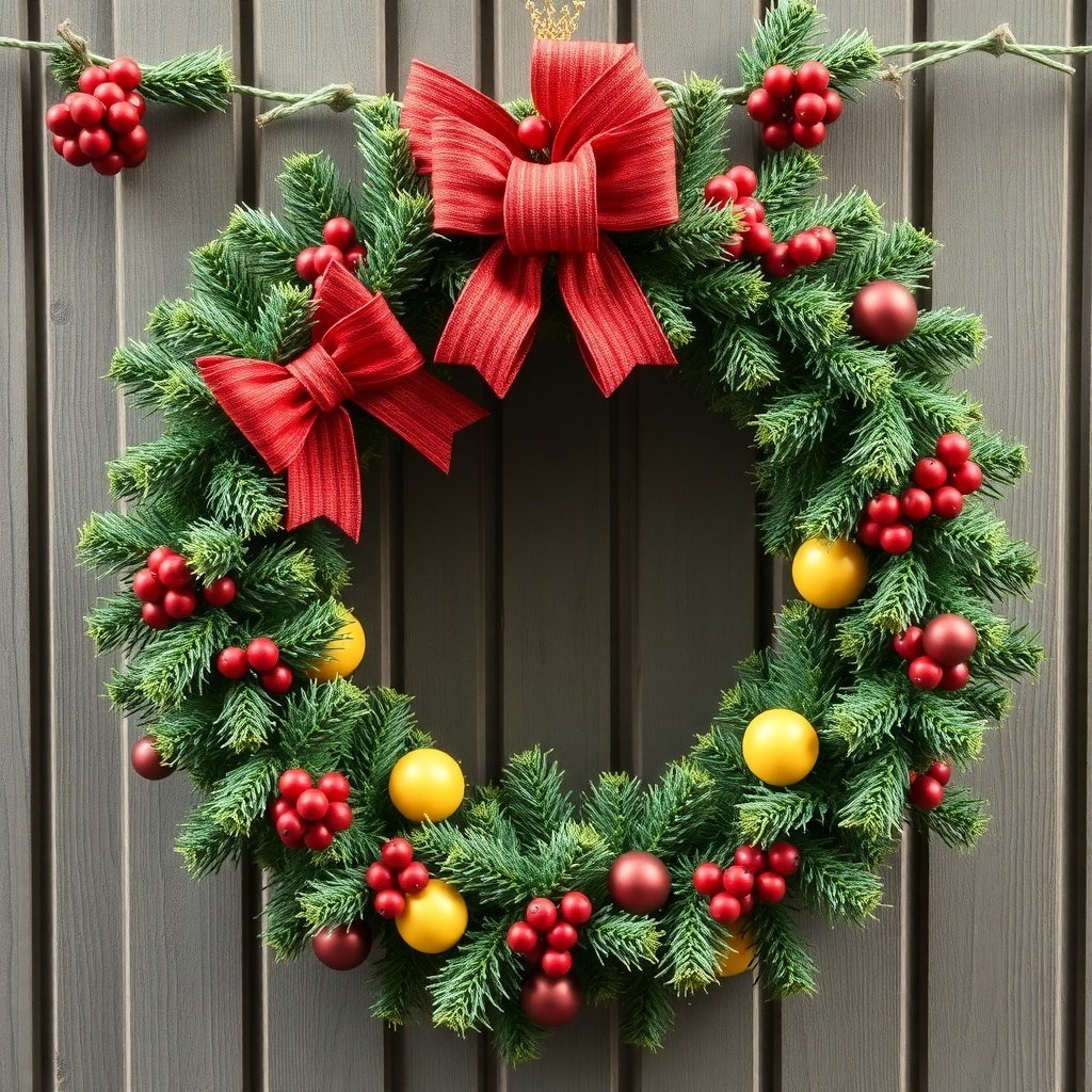 50 Stunning Christmas Wreaths to Decorate Your Home This Holiday Season A colorful Christmas wreath with red bows and ornaments, hanging on a wooden wall.