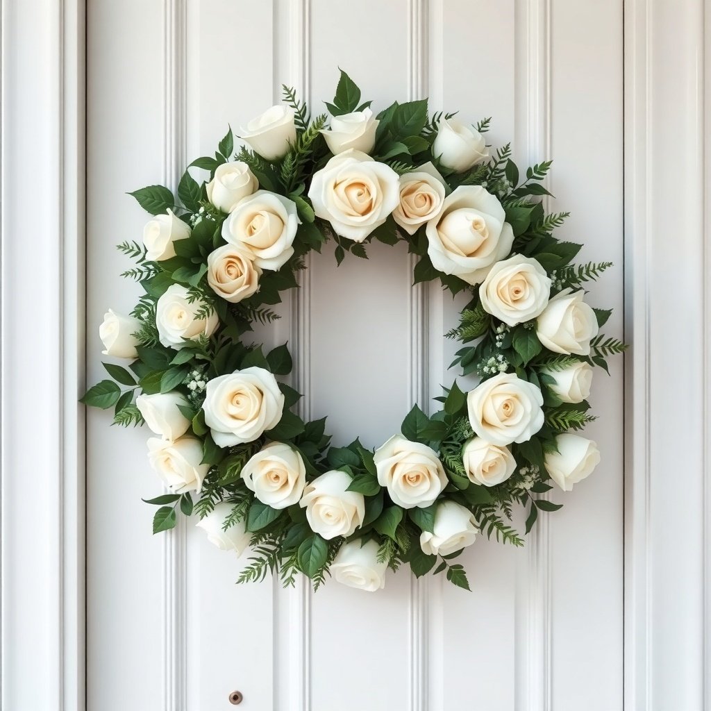50 Stunning Christmas Wreaths to Decorate Your Home This Holiday Season A beautiful Christmas wreath made of white roses and greenery, hanging on a door.