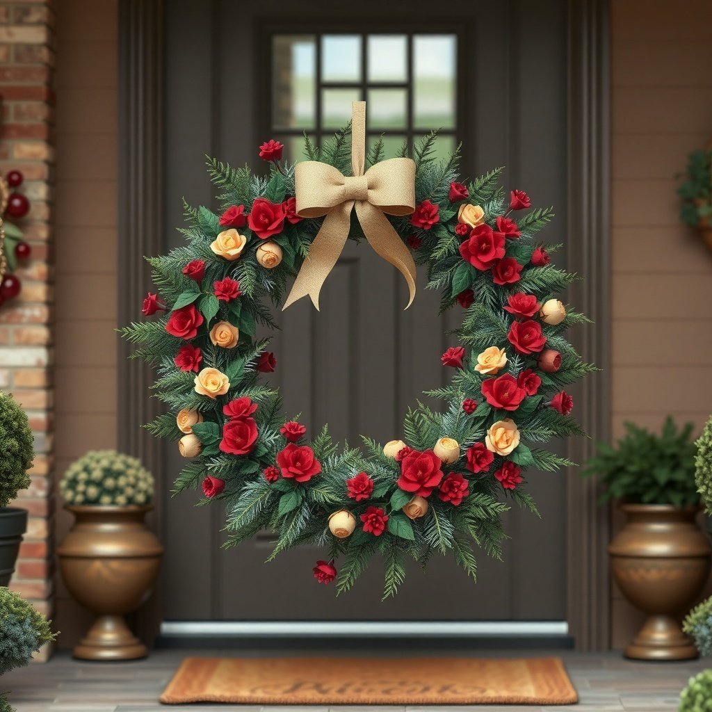 50 Stunning Christmas Wreaths to Decorate Your Home This Holiday Season A Christmas wreath with red and cream flowers and a bow, hanging on a front door.
