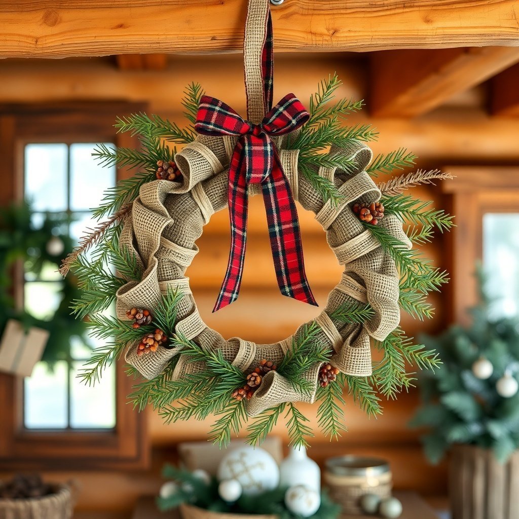 50 Stunning Christmas Wreaths to Decorate Your Home This Holiday Season A rustic burlap and pine wreath with a plaid bow, hanging indoors