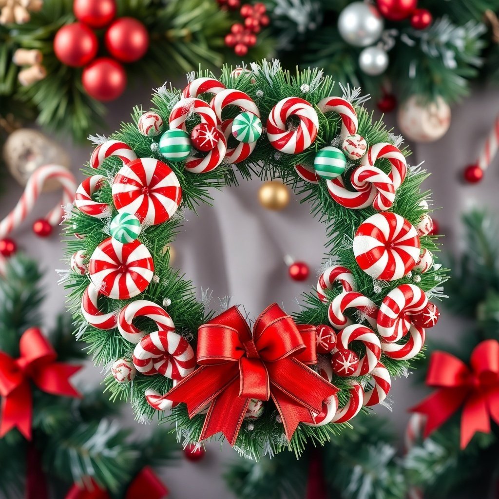 50 Stunning Christmas Wreaths to Decorate Your Home This Holiday Season A whimsical candy cane wreath decorated with red and white candy canes and a large red bow.