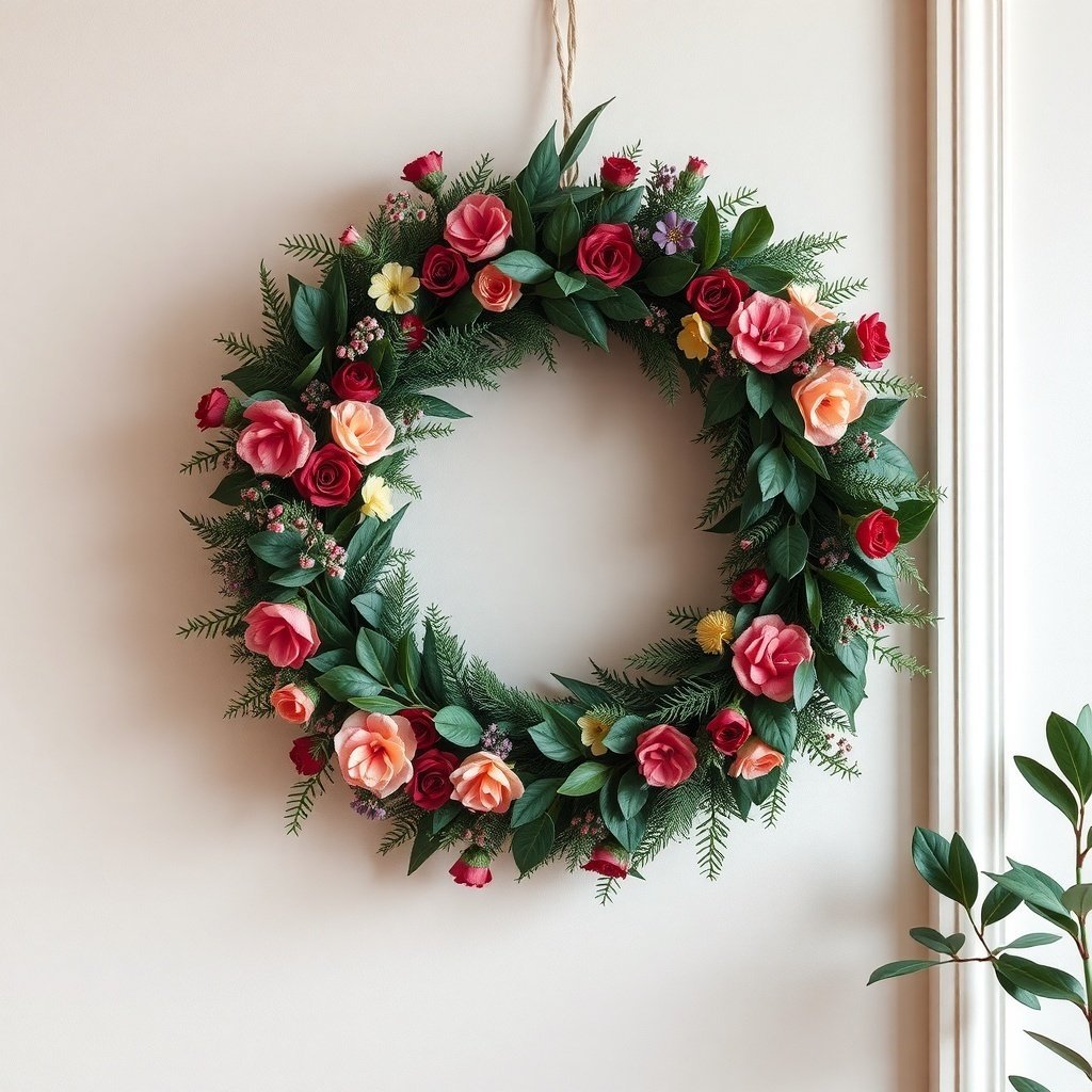 50 Stunning Christmas Wreaths to Decorate Your Home This Holiday Season A colorful Christmas wreath with roses and greenery hanging on a wall.