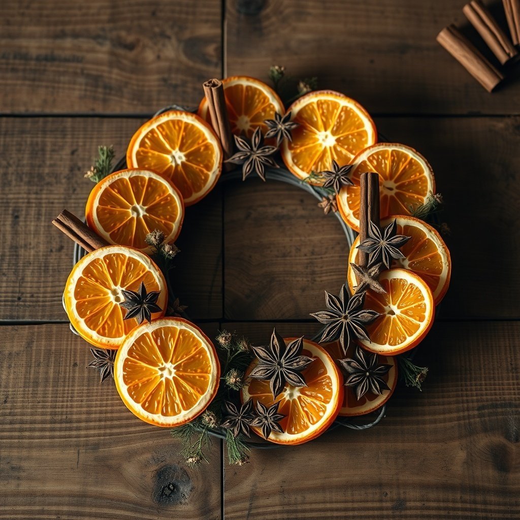 50 Stunning Christmas Wreaths to Decorate Your Home This Holiday Season A Christmas wreath made with dried orange slices, star anise, and cinnamon sticks on a wooden table.