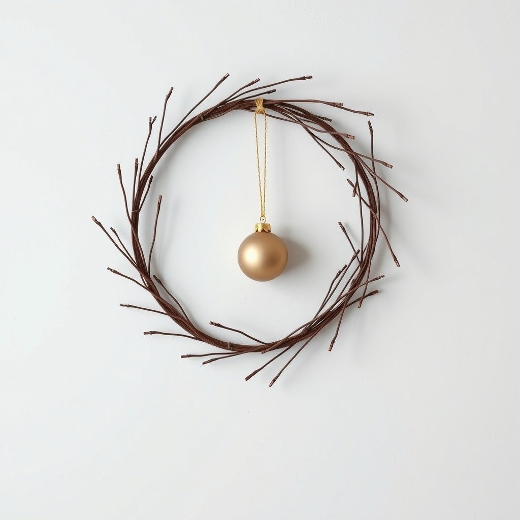 50 Stunning Christmas Wreaths to Decorate Your Home This Holiday Season A modern minimalist Christmas wreath made of thin branches with a single golden ornament hanging in the center.