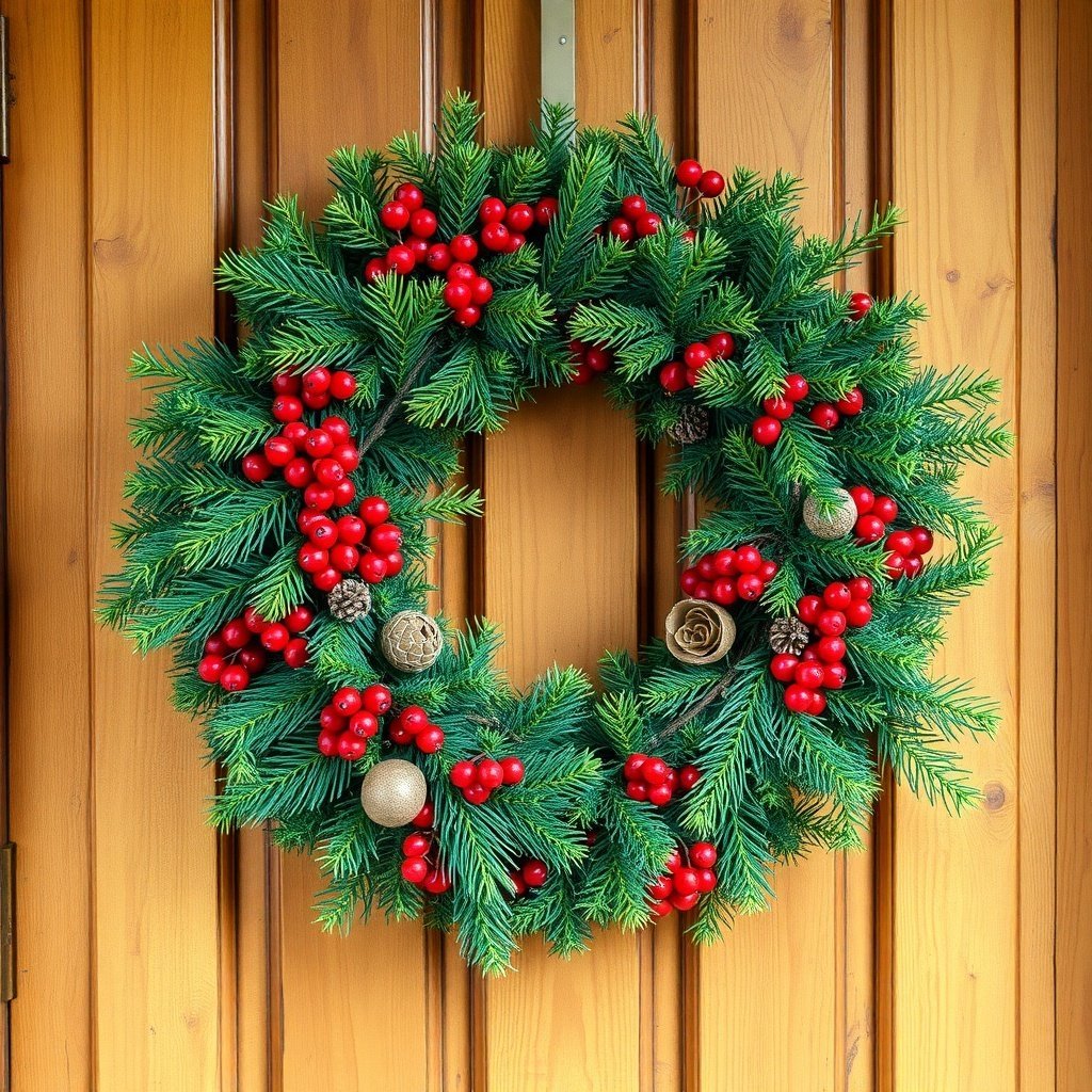 50 Stunning Christmas Wreaths to Decorate Your Home This Holiday Season A Christmas wreath made of evergreen foliage, red berries, and pinecones, hanging on a wooden door.