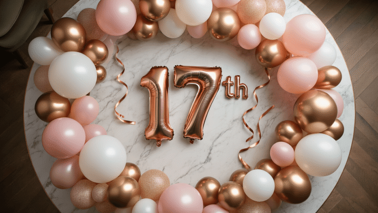 17 Balloons: Everything You Need to Know About Creating Stunning Party Displays Cinematic overhead shot of an elegant 17th birthday balloon arrangement on a marble surface, featuring rose gold "1" and "7" foil balloons as the centerpiece, surrounded by clusters of blush pink, white, and gold latex balloons, with sage green accents and ribbon cascades, all captured in warm golden hour lighting.
