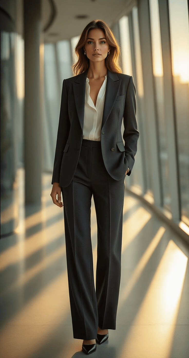 Why a Charcoal Double-Breasted Suit Should Be Your Go-To Power Move A confident professional woman in a tailored charcoal double-breasted blazer and wide-leg trousers stands in a modern office corridor, illuminated by warm sunlight. Her outfit, paired with a white silk blouse and black pumps, showcases elegant tailoring and dramatic shadows.