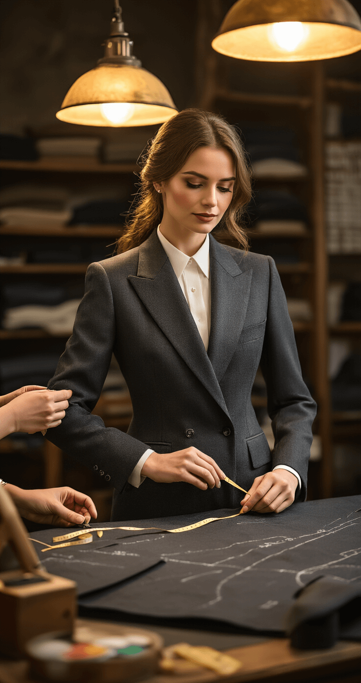 Why a Charcoal Double-Breasted Suit Should Be Your Go-To Power Move A sophisticated woman in a charcoal double-breasted suit jacket being fitted in an upscale tailor's studio, surrounded by tools like pin cushions and measuring tapes, illuminated by warm vintage lighting, highlighting the precise tailoring process.