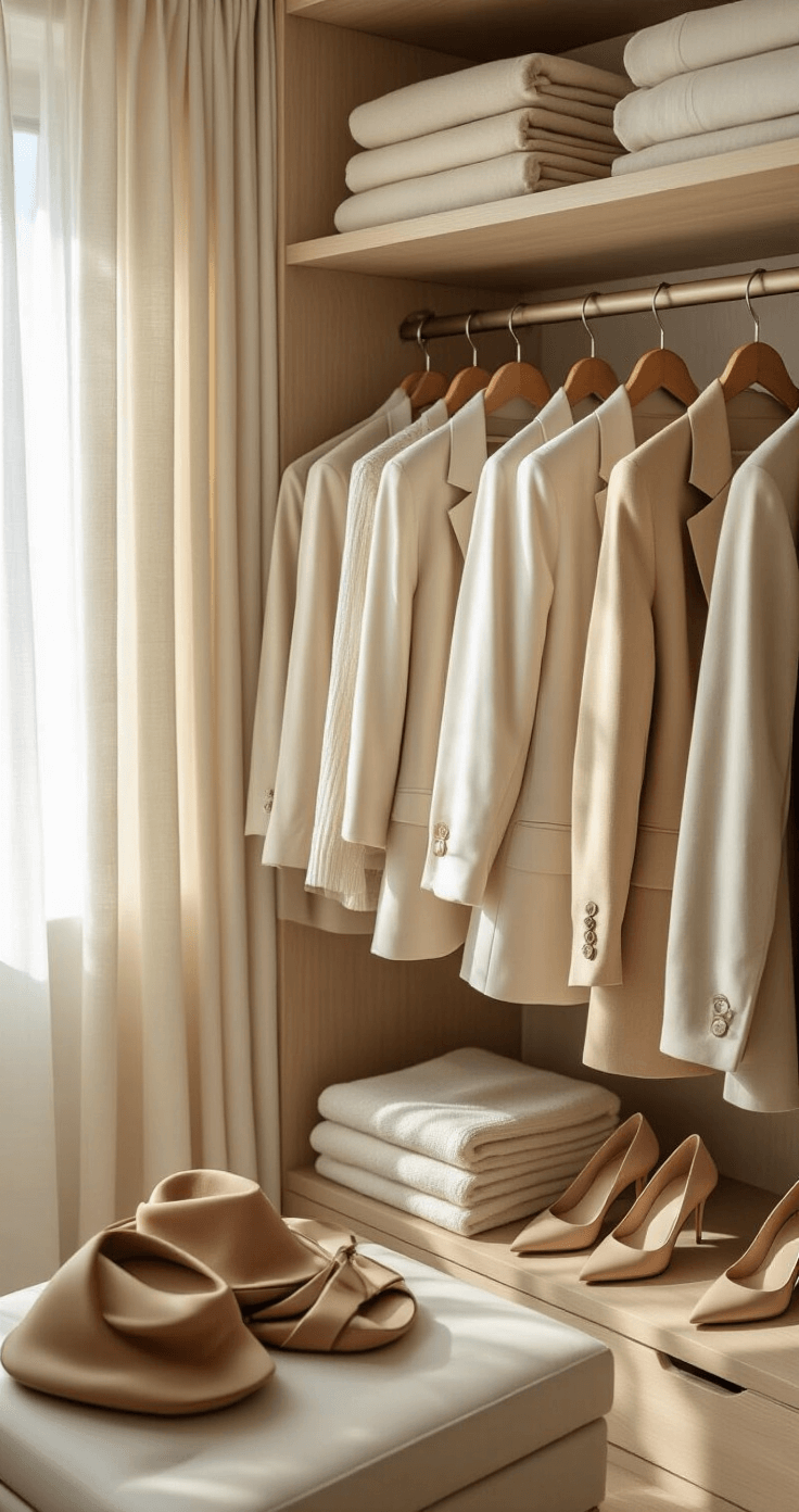 Linen Suits for Summer Weddings A well-organized, sunlit walk-in closet featuring a model arranging cream and sand-colored blazers on wooden hangers, with natural light filtering through sheer curtains, surrounded by leather accessories, silk scarves, and nude heels on floating shelves.
