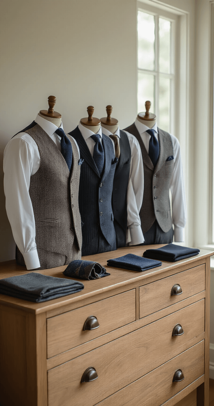 Achieving the Perfect Tailored Waistcoat Look Intimate wardrobe styling display of various waistcoat designs on a minimalist wooden dresser, featuring herringbone, solid navy wool, and charcoal pinstripe fabrics, complemented by silk ties and pocket squares, all illuminated by soft ambient light against a muted background.