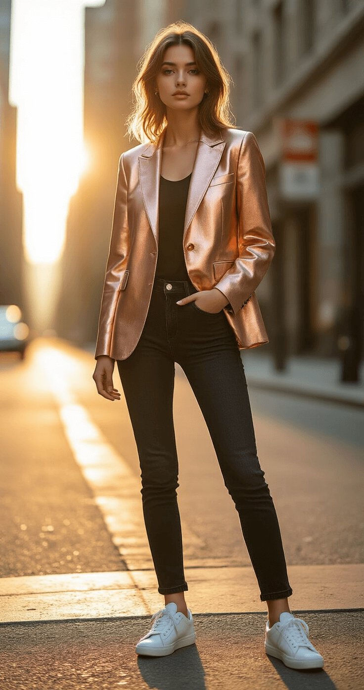 How to Rock a Statement Blazer in Metallic Tones Without Looking Like a Disco Ball A young woman in a rose gold metallic blazer stands on a sunlit urban street corner, wearing black skinny jeans and white sneakers, with warm golden hour lighting highlighting the shimmering fabric texture.
